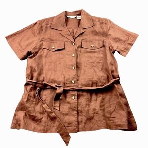 R.M. Sport 100% Linen Safari Shirt Jacket Top Belted Brown Women's 12 Hong Kong